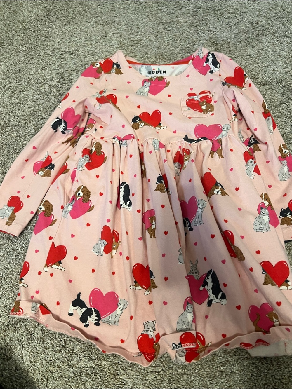 Mini Boden Pink Heart & Puppy Print Long Sleeve Dress